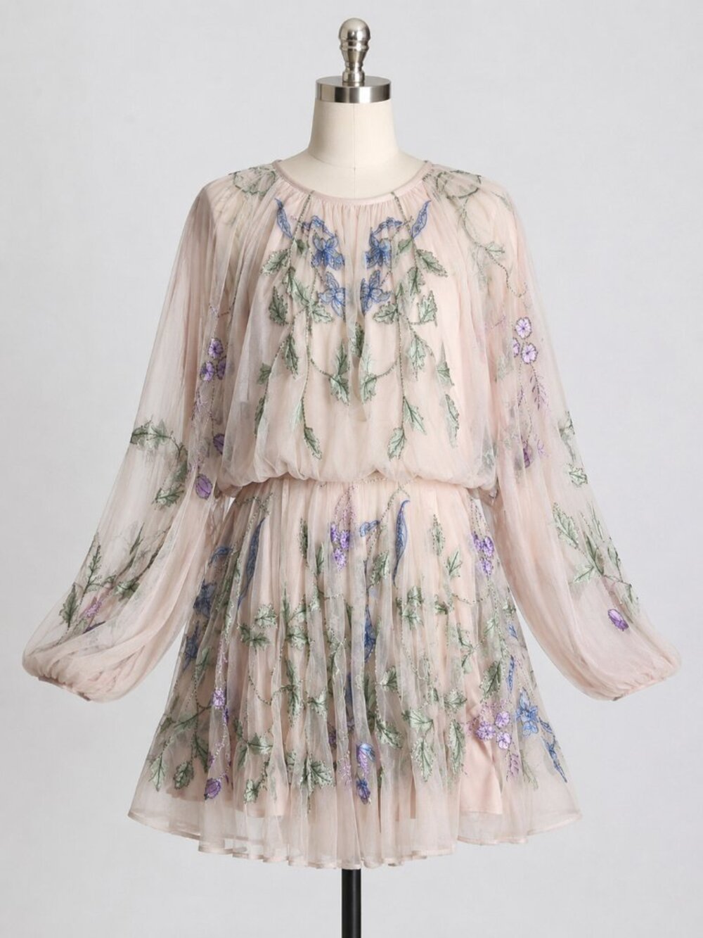 ASOS EDITION floral embroidered mesh mini dress with blouson sleeve pink